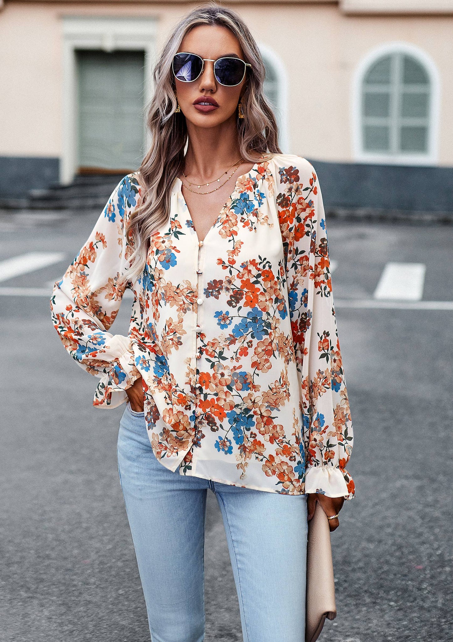 Floral Fall Button Down Long Sleeve Blouse