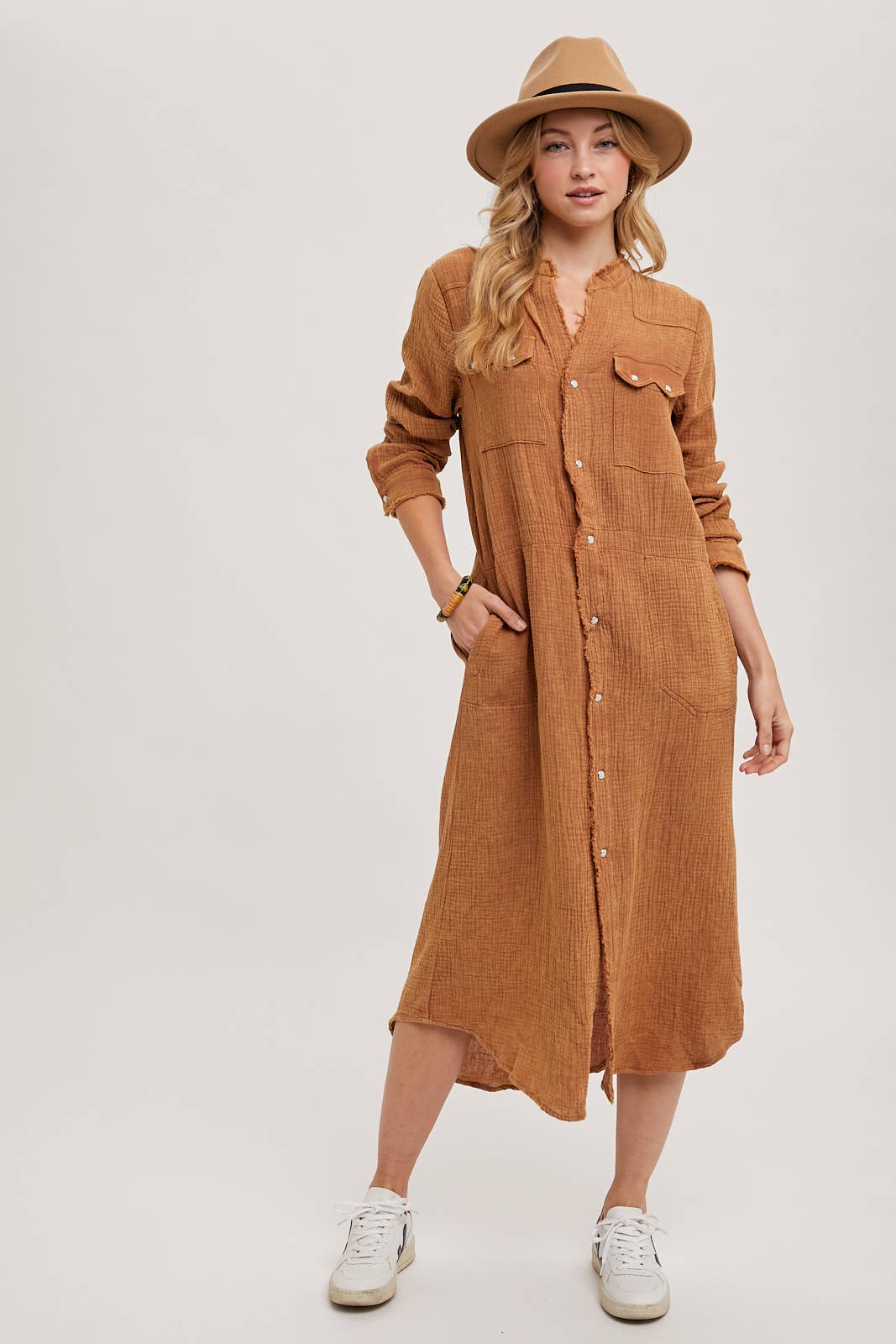 WASHED DENIM MIDI BUTTON DOWN SHIRT DRESS