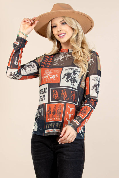 Tammy Cowboy Party Mesh Print Mock Neck Top