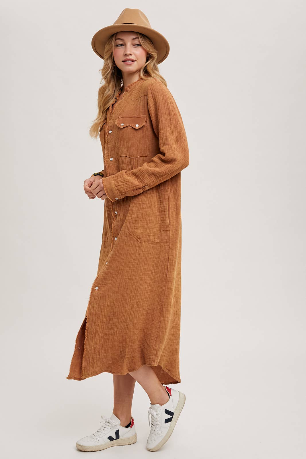 WASHED DENIM MIDI BUTTON DOWN SHIRT DRESS