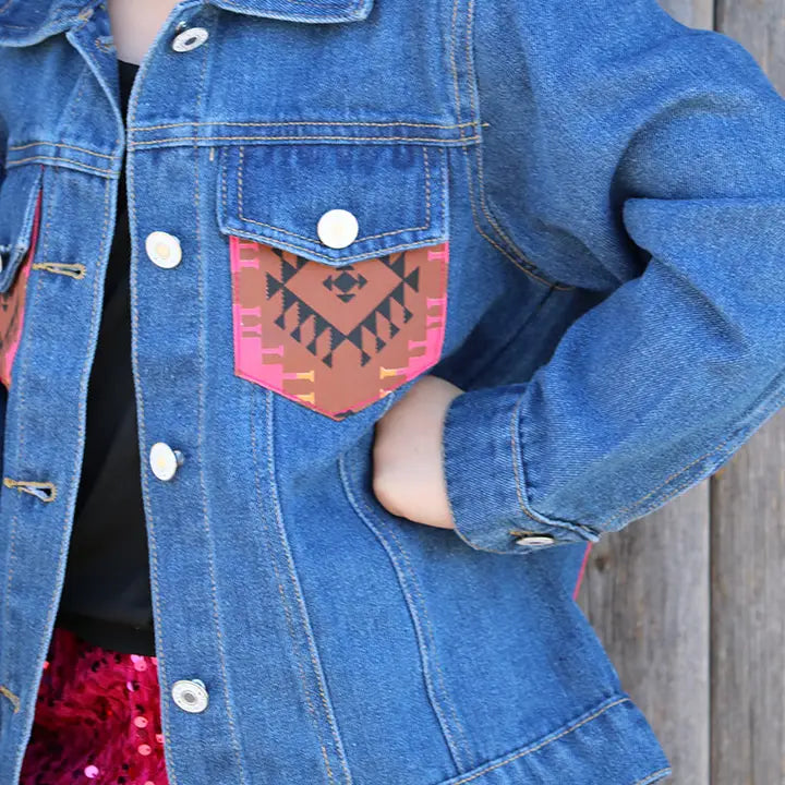 Kids Denim Jacket with Aztec Print