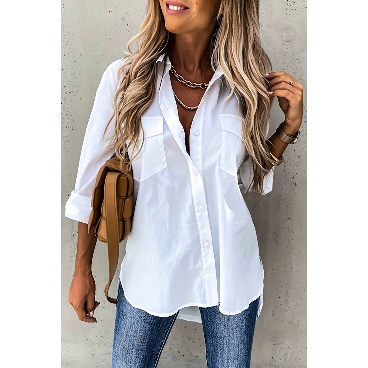 Solid Button Up Pockets Long Sleeves Blouse