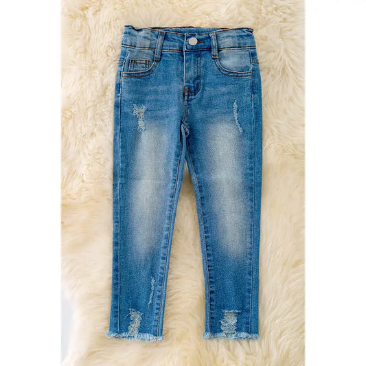 Girls Denim Pants with Distressed Hem