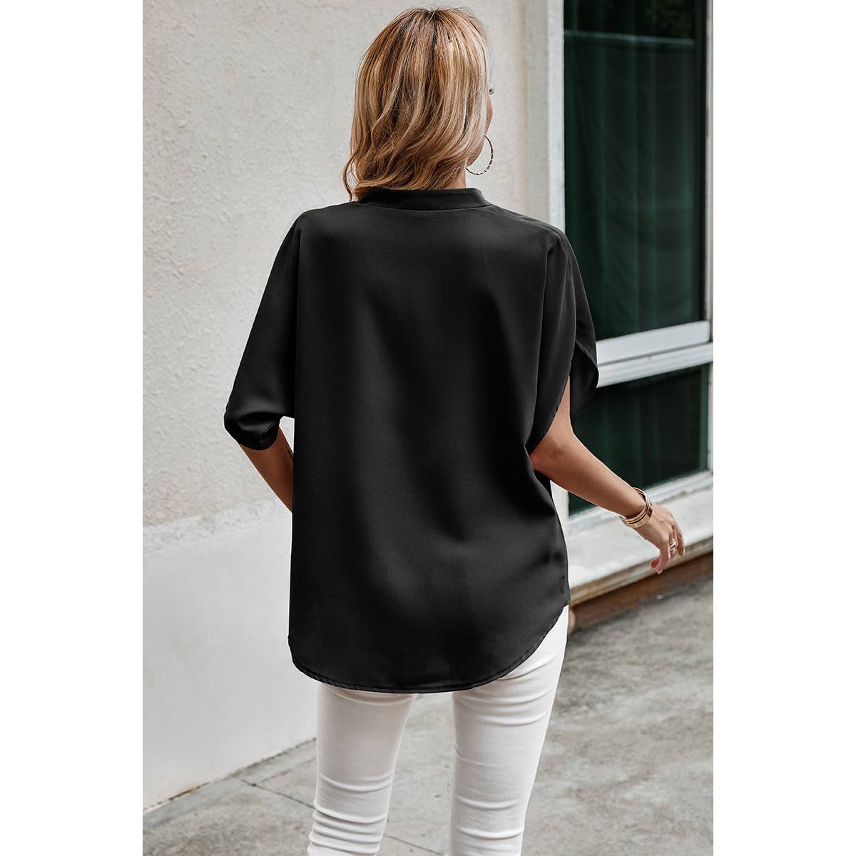 V Neck Solid Loose Fit Half Sleeve Blouse