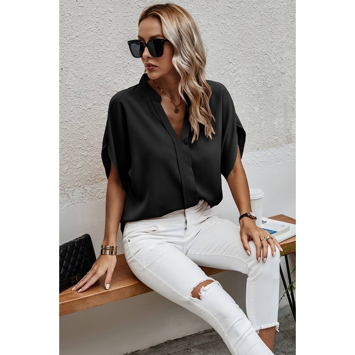 V Neck Solid Loose Fit Half Sleeve Blouse