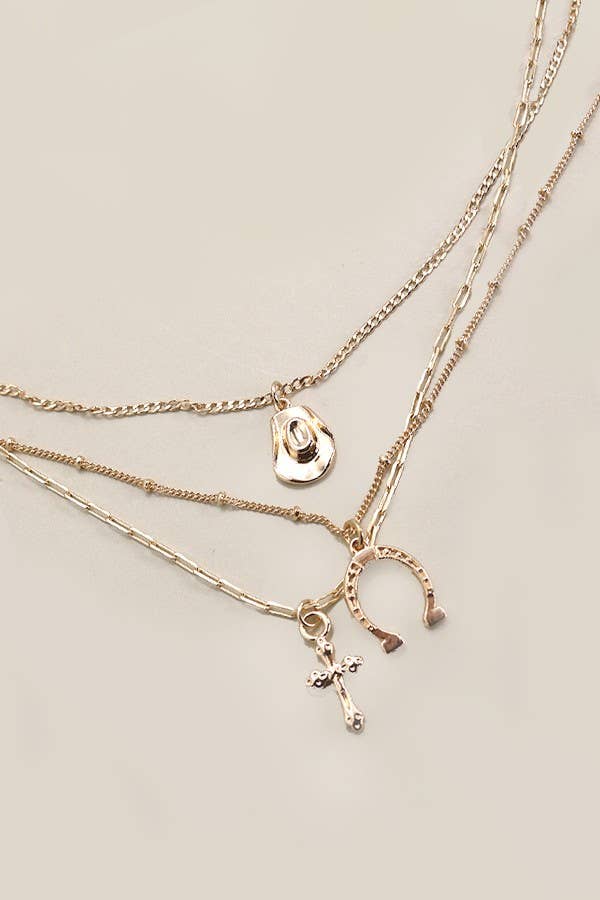 TRIO LAYER HORSESHOE HAT CROSS CHARM NECKLACE