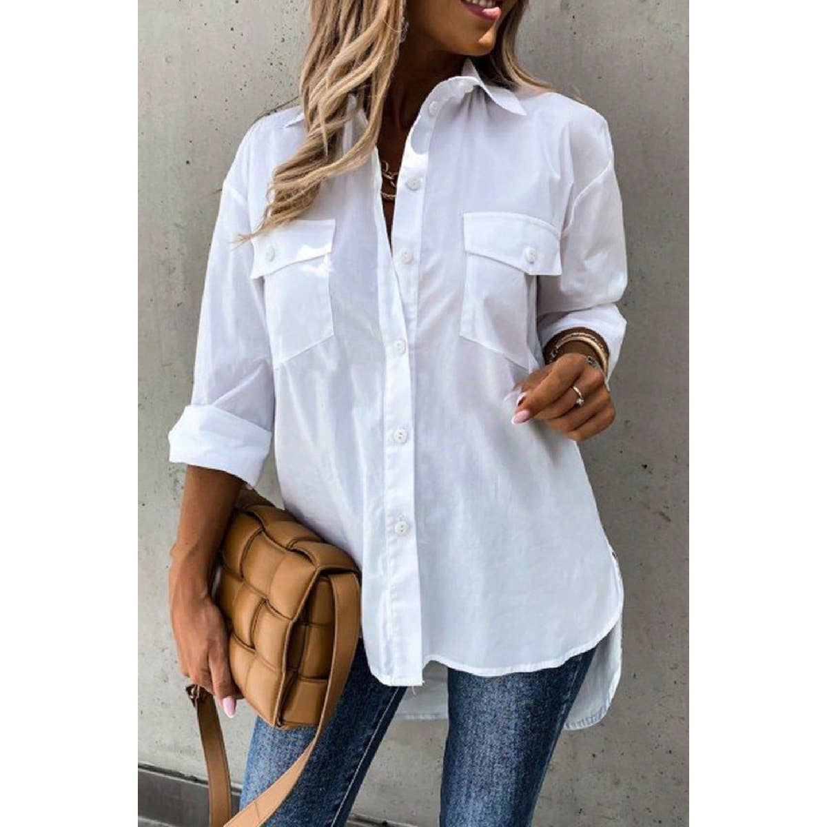 Solid Button Up Pockets Long Sleeves Blouse