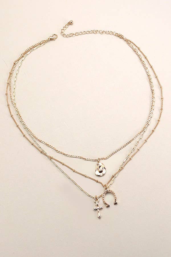 TRIO LAYER HORSESHOE HAT CROSS CHARM NECKLACE