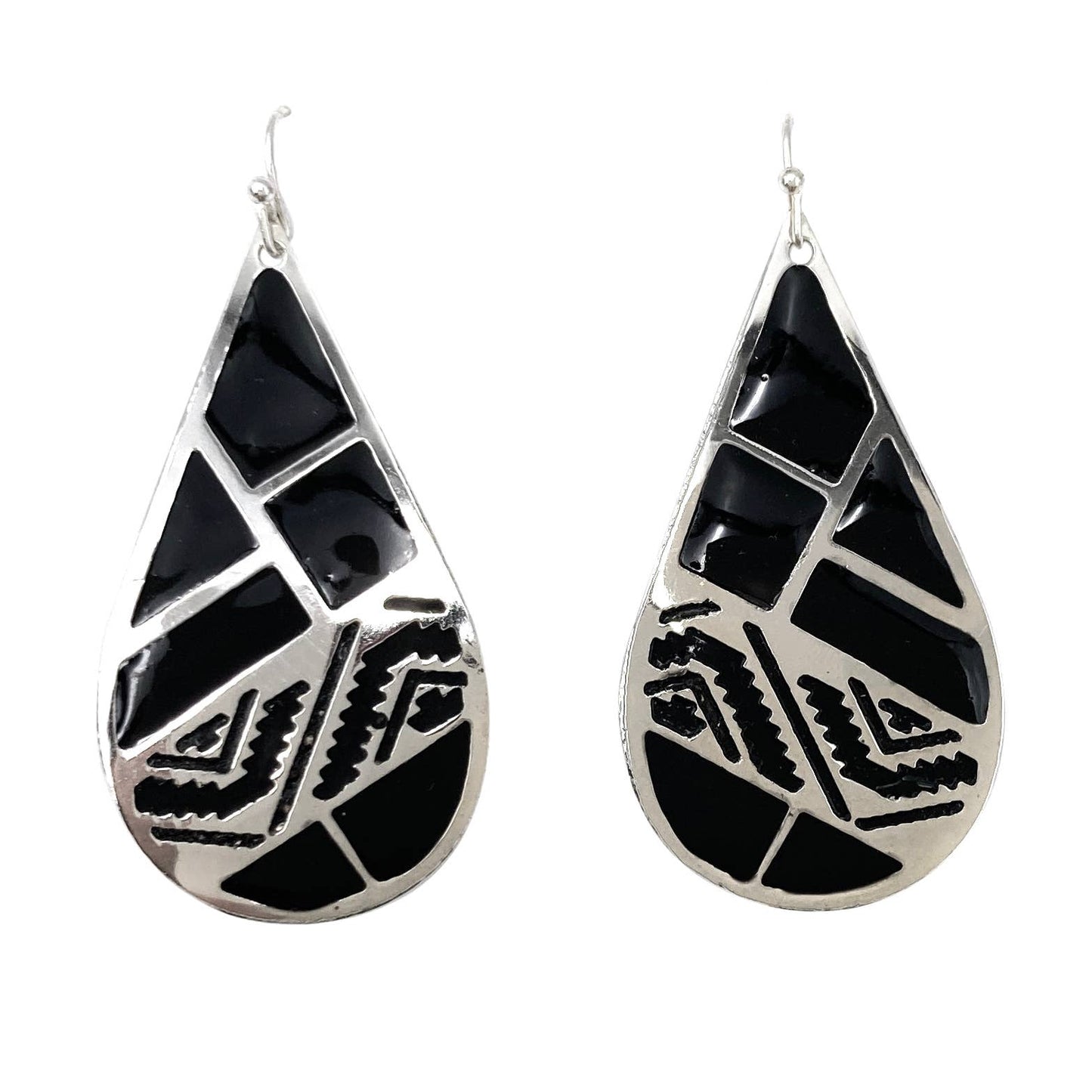 Teardrop Native Aztec Southwestern Metal Plate Earrings: Black