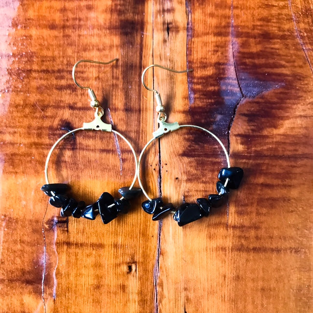 Black Obsidian Gold hoops