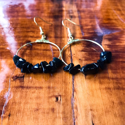 Black Obsidian Gold hoops