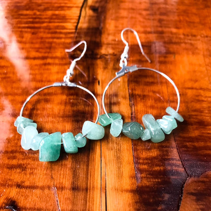 Green Agate Silver hoops